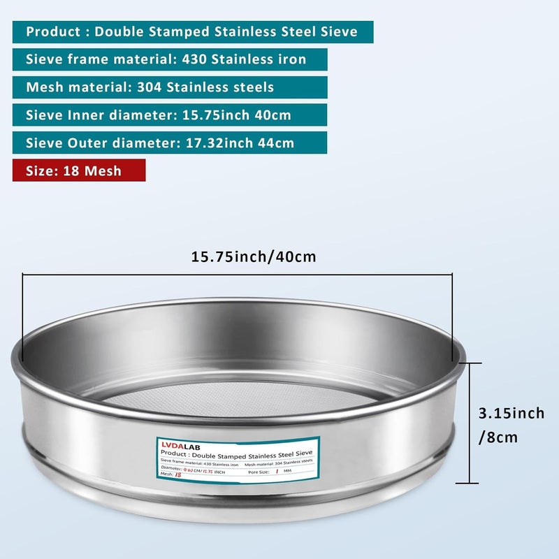 LVDALAB 304 Stainless Steel Lab Sieve Screen Mesh, 18 Mesh (1mm) Aperture Test Sieve, 15.75''(40cm) Diameter Economy Standard Analysis Sample Test Sieves for Industrial Laboratory Homes - Image 2